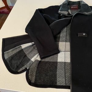 Beautiful black sweater coat with Buffalo plaid cotton lining & decorative hooks